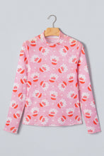 Load image into Gallery viewer, Pink Abstract Santa Print Stand Neck Sheath Long Sleeve Top