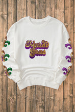 Load image into Gallery viewer, Beige Sequin Mardi Gras Patched Pattern Fleur de Lis Sleeve Sweatshirt