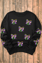 Load image into Gallery viewer, Black Sequin Mardi Gras Bow Graphic Drop Shoulder Pullover Sweatshirt