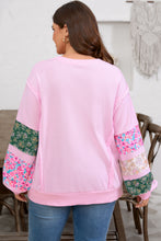 Load image into Gallery viewer, Pink Plus Size Mix Floral Patched Sleeve Ribbed Trim Baggy Sweatshirt