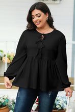 Load image into Gallery viewer, Black Solid Color Bow Tie Front Long Sleeve Plus Size Peplum Blouse