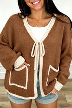 Load image into Gallery viewer, Apricot Contrast Trim V-Neck Tie Front Loose Sweater Cardigan