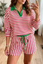 Load image into Gallery viewer, Red Stripe Colorblock Trim Polo Collar Drawstring Elastic Waist Band Casual 2pcs Outfit