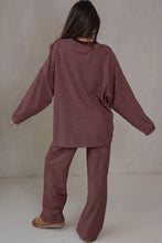 Load image into Gallery viewer, Beige Stripe Contrast Trim Round Neck Oversize Long Sleeve Top 2pcs Pant Set