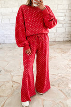 Load image into Gallery viewer, Red Polka Dot Drawstring Wide Leg Long Sleeve Top Pant Set