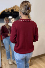 Load image into Gallery viewer, Burgundy Bow Pocket Collar Long Sleeve Knit Cardigan
