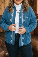 Load image into Gallery viewer, Blue Embroidered Corduroy V-Neck Long Sleeve Plus Size Shirt