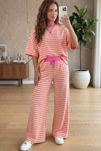Load image into Gallery viewer, Pink Stripe Colorblock Trim Crew Neck Loose Tee Drawstring Elastic Waist 2pcs Pant Set