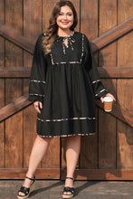 Load image into Gallery viewer, Black Plus Size Long Sleeve Leopard Contrasted Trim Tie Neck Flared Mini Dress