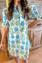 Load image into Gallery viewer, Sky Blue Floral Print Half Button Frilly Short Sleeve Dress