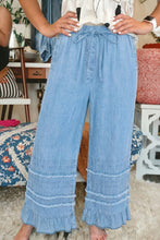 Load image into Gallery viewer, Dusk Blue Ruffled Hem Wide Leg Chambray Pants