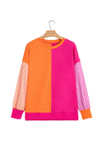 Load image into Gallery viewer, Rose Red Colorblock Gingham Sleeve Crewneck Sweatshirt