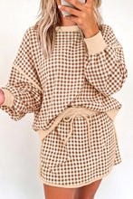 Load image into Gallery viewer, Green Gingham Oversized Ribbed Trim Crew Neck Long Sleeve Top and Skort Set