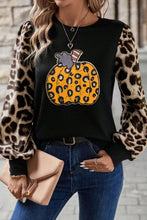 Load image into Gallery viewer, Khaki Leopard Sleeve Pumpkin Print Graphic Knit Top