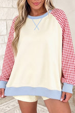 Load image into Gallery viewer, Beige Plaid Sleeve Colorblock Raglan Pullover Sweatshirt