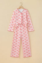 Load image into Gallery viewer, Pink Christmas Santa Print Frilled Button Front Long Sleeve Top Lounge Pant Set