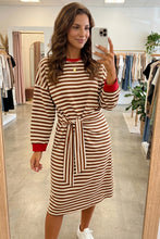 Load image into Gallery viewer, Brown Stripe Striped Colorblock Cuffs Round Neck Long Sleeve Shift Dress