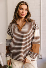 Load image into Gallery viewer, Brown Stripe Collar V Neck Color Block Detail Long Sleeve Pullover Top