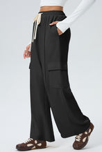 Load image into Gallery viewer, Black Solid Color Drawstring Elastic Waist Cargo Patch Pocket Active Pants