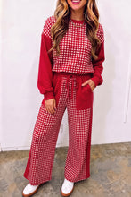 Load image into Gallery viewer, Red Color Block Plaid Patchwork Long Sleeve Pullover Wide Leg Pant Set