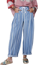 Load image into Gallery viewer, Sky Blue Stripe High Waist Wide Leg Lace Up Barrel Jeans