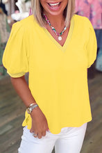 Load image into Gallery viewer, Turquoise Solid Color V Neck Short Puff Sleeve Blouse