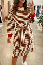 Load image into Gallery viewer, Brown Stripe Striped Colorblock Cuffs Round Neck Long Sleeve Shift Dress