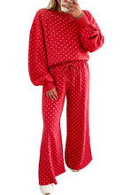 Load image into Gallery viewer, Red Polka Dot Drawstring Wide Leg Long Sleeve Top Pant Set