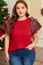 Load image into Gallery viewer, Racing Red Plaid Pearl Ruffled Short Sleeve Knitted Christmas Holiday Plus Size T-shirt