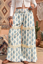 Load image into Gallery viewer, Sky Blue Floral Print Lace Patchwork Detail Wide Leg Pants