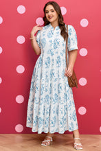 Load image into Gallery viewer, Sky Blue Plus Size Geometric Floral Print Button Split Neck Short Sleeve Maxi Dress