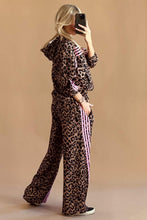 Load image into Gallery viewer, Brown Leopard Print Contrast Striped Detail Long Sleeve Top Pant Set