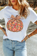 Load image into Gallery viewer, White Floral Pumpkin Print Round Neck Short Sleeve T-Shirt