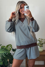 Load image into Gallery viewer, Blue Stripe Oversized Long Sleeve Top Drawstring Loose Shorts 2pcs Set