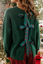 Load image into Gallery viewer, Blackish Green Plaid Bow Detail Drop Shoulder Christmas Sweater