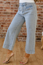 Load image into Gallery viewer, Sky Blue Stripe Button Flap Pocket Cuffed Hem Wide Leg Jeans