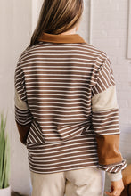 Load image into Gallery viewer, Brown Stripe Collar V Neck Color Block Detail Long Sleeve Pullover Top