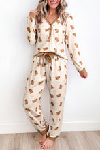 Load image into Gallery viewer, Khaki Abstract Gingerbread Print Colorblock Long Sleeve Two Piece Lounge Set