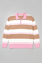Load image into Gallery viewer, Pink Stripe Striped Colorblock V Neck Long Sleeve Tunic Sweater