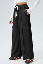 Load image into Gallery viewer, Black Solid Color Drawstring Elastic Waist Cargo Patch Pocket Active Pants