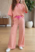 Load image into Gallery viewer, Pink Stripe Colorblock Trim Crew Neck Loose Tee Drawstring Elastic Waist 2pcs Pant Set