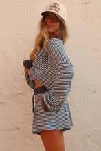 Load image into Gallery viewer, Blue Stripe Oversized Long Sleeve Top Drawstring Loose Shorts 2pcs Set