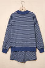Load image into Gallery viewer, Blue Stripe Ribbed Patchwork Mock Neck Baggy Pullover Matching Shorts Set