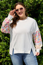 Load image into Gallery viewer, White Plus Size Exposed Seam Detail Contrast Dot Floral Patchwork Sleeve Sweatshirt