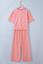 Load image into Gallery viewer, Pink Stripe Colorblock Trim Crew Neck Loose Tee Drawstring Elastic Waist 2pcs Pant Set