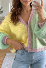 Load image into Gallery viewer, Yellow V Neck Drop Shoulder Patchwork Regular Wash Knitwear Cardigan