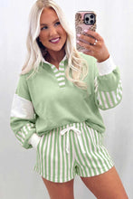 Load image into Gallery viewer, Black Striped Color Block Pullover Top Drawstring Shorts Set