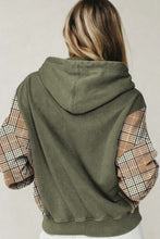 Load image into Gallery viewer, Black Plaid Sleeve Drawstring Pocket Hooded Sweatshirt