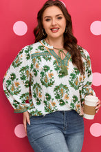 Load image into Gallery viewer, Green Plus Size Floral Printed Contrast Patchwork Detail Tassel Tie 3/4 Sleeve Blouse