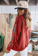 Load image into Gallery viewer, Mineral Red Checkered Trim Long Sleeve Round Neck Shift Sweatshirt